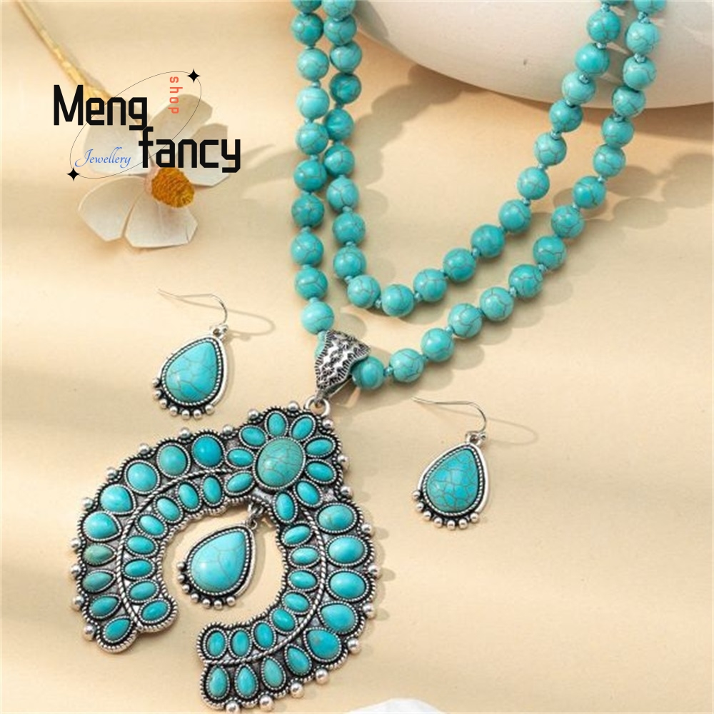 Layered Necklace Set - Retro สามชั้นต่างหูดอกไม้,ต่างหู Turquoise,สไตล์ตะวันตกยุ้ย Turquoise สร้อยคอลูกปัด,ชุดเครื่องประดับ