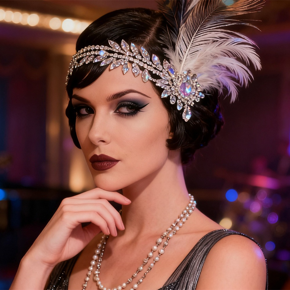 Women Accessories Online - ที่คาดผมขนนกสไตล์เรโทรวินเทจ ประดับเลื่อมคริสตัล สำหรับงานแฟนซี ปาร์ตี้แต่งหน้า พู่ห้อย สไตล์ยุค