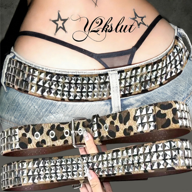 Women'S Jeans Accessories Chain - เข็มขัดลายเสือดาว Y2K ประดับหมุดและลูกปัดทรงเหลี่ยม สไตล์เทรนด์ ลายพราง สายคาดเอวสำหรับสาวๆ