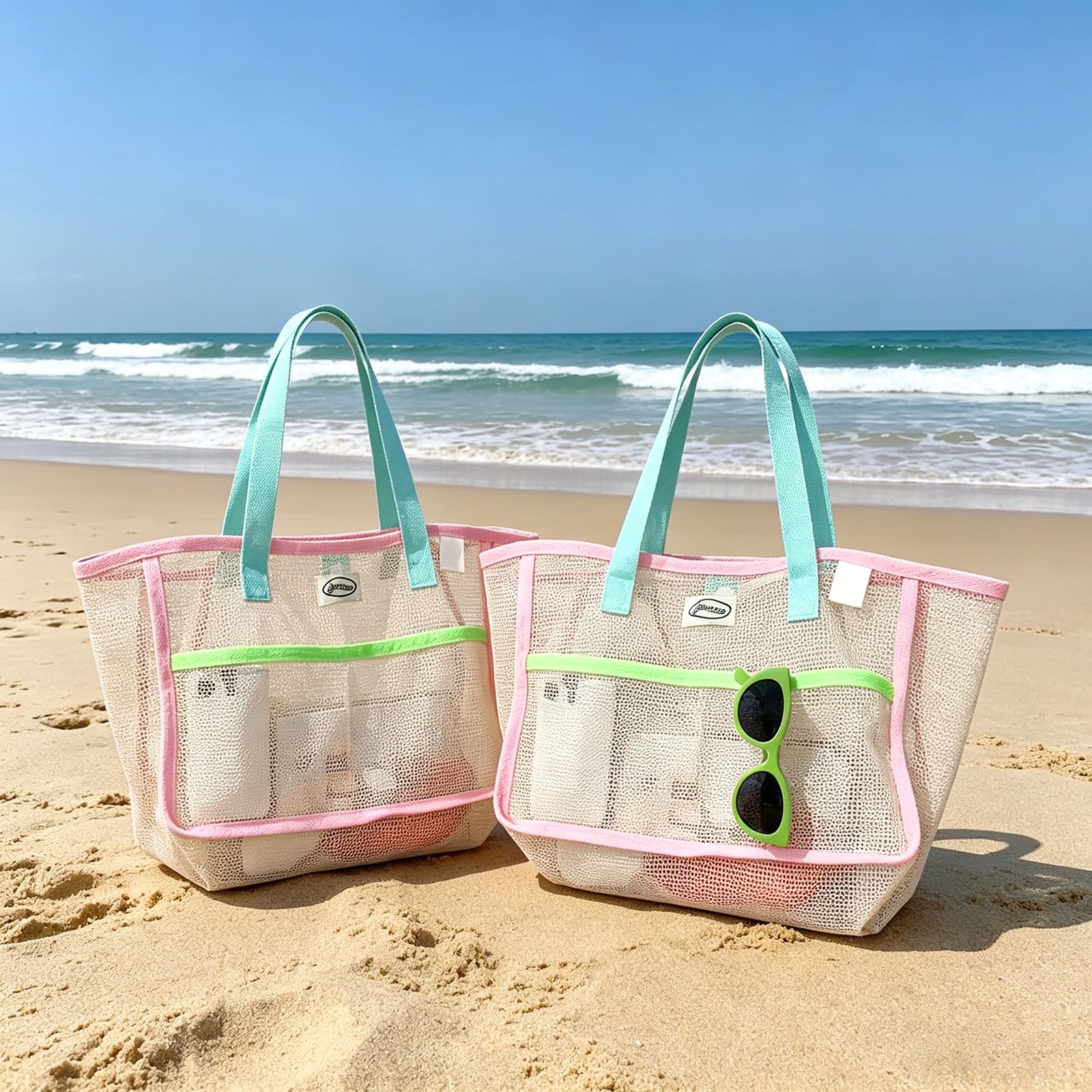 Women Accessories Bag - กระเป๋าชายหาดสำหรับผู้หญิง กระเป๋าตาข่ายพับได้หลากสี กระเป๋าใส่ทราย กระเป๋าเดินทาง กระเป๋าเก็บของสำหรับสระว่ายน้ำ สำหรับอุปกรณ์ชายหาด