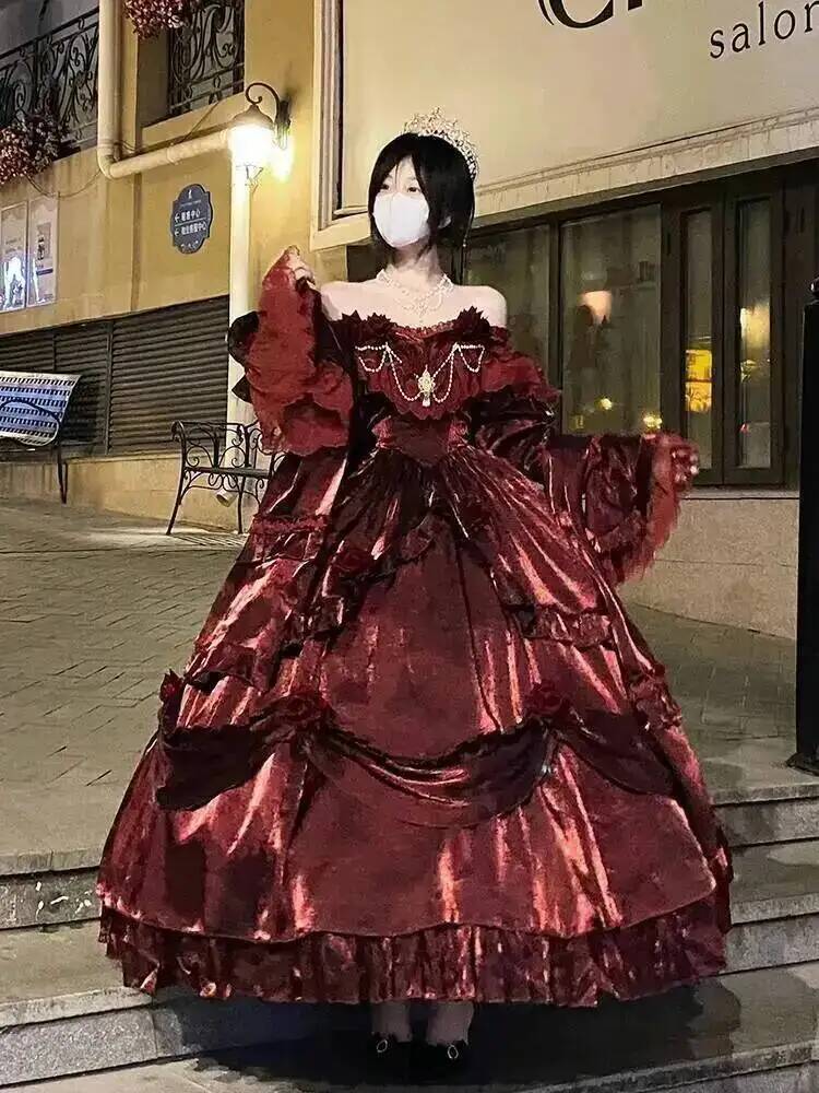 Women'S Vacation Accessories - ความงามชุดเจ้าหญิงสีแดงLolitaกระโปรงยาวElegant LolitaชุดHeavy Industryกระโปรงดอกไม้ชุดสีแดงสีแดงPassionชุด