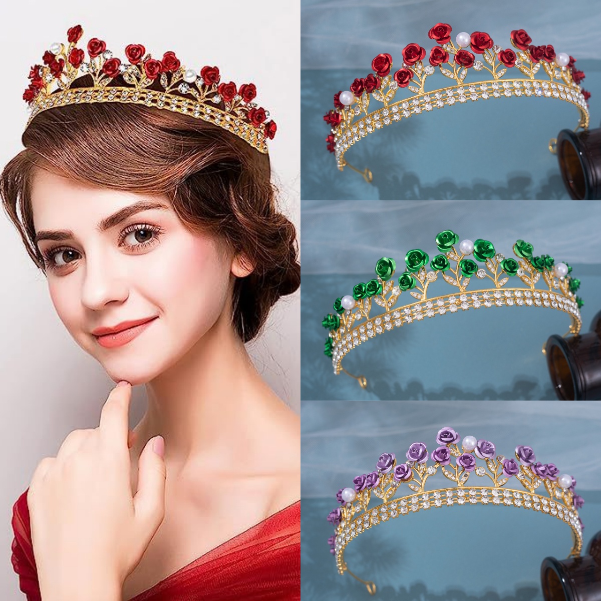 Women'S Hair Accessories Wedding - มงกุฎเจ้าสาวเซรามิกสไตล์บาโรก ประดับคริสตัล ไข่มุก และดอกกุหลาบ พร้อมเพชรเทียม สำหรับงานพรอม